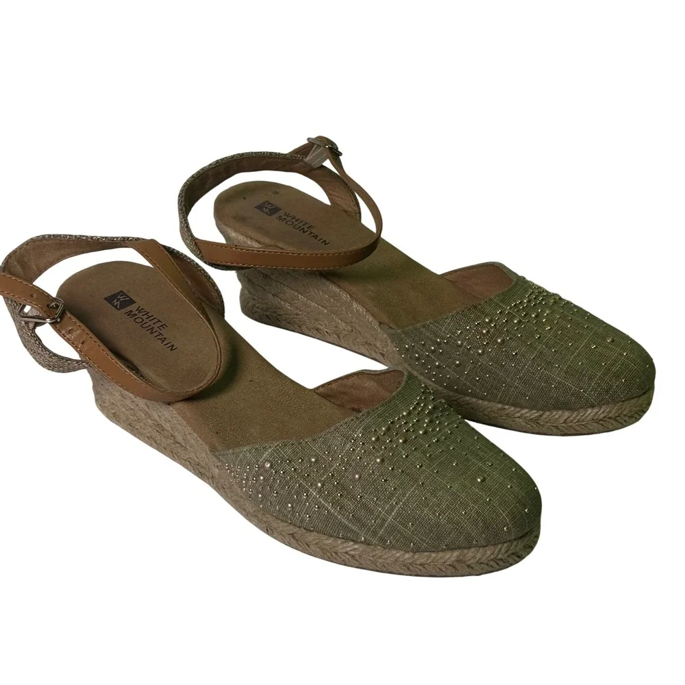 White Mountain Womens Sage Green Studded Espadrille Wedge Sandals W18507 8.5M